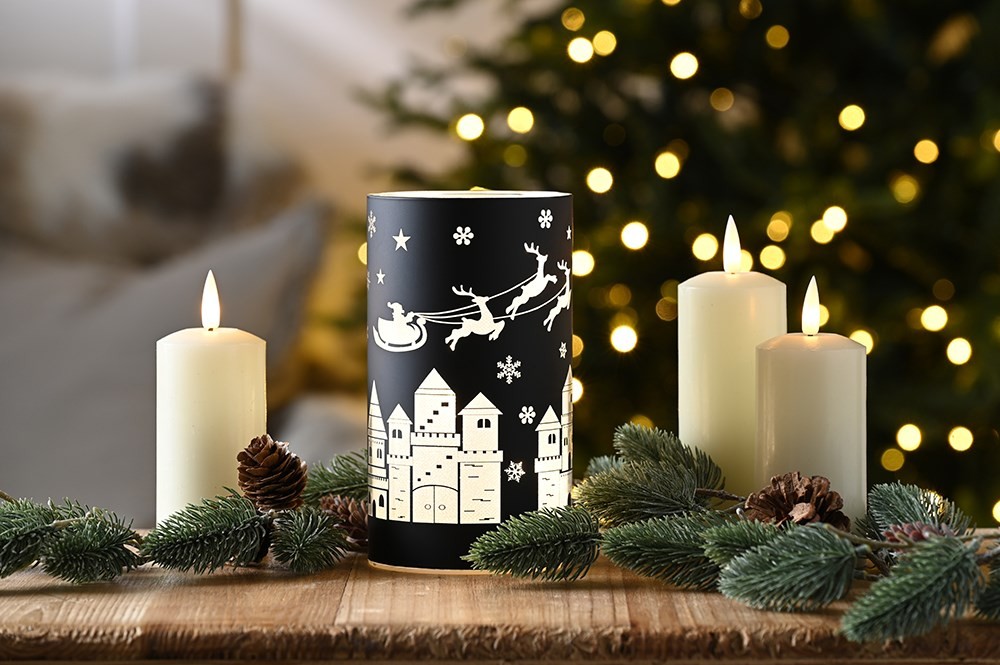 Black Glass Tealight Holder with Sleigh Scene Black Glass Tealight Holder with Sleigh Scene