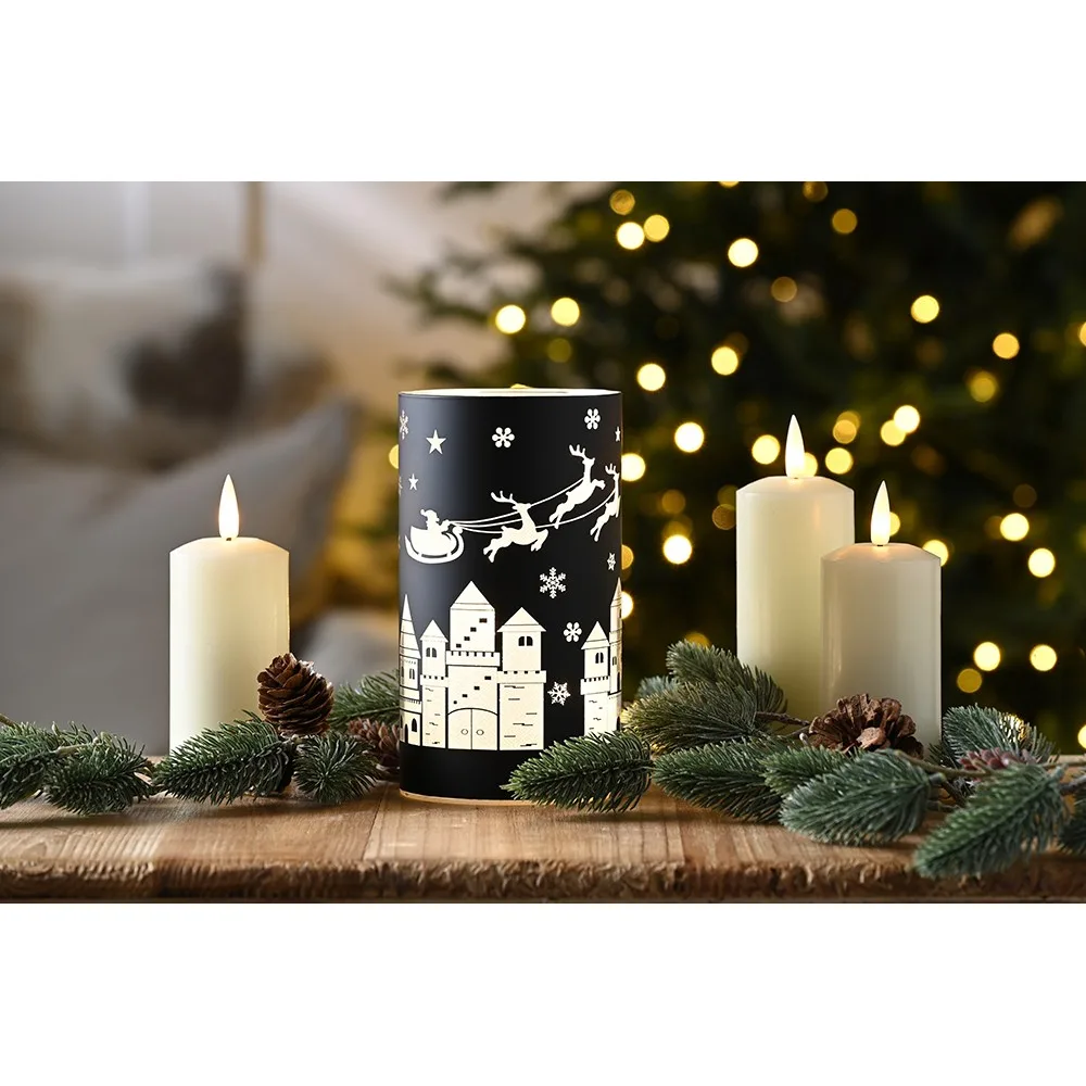 Black Glass Tealight Holder with Sleigh Scene Black Glass Tealight Holder with Sleigh Scene