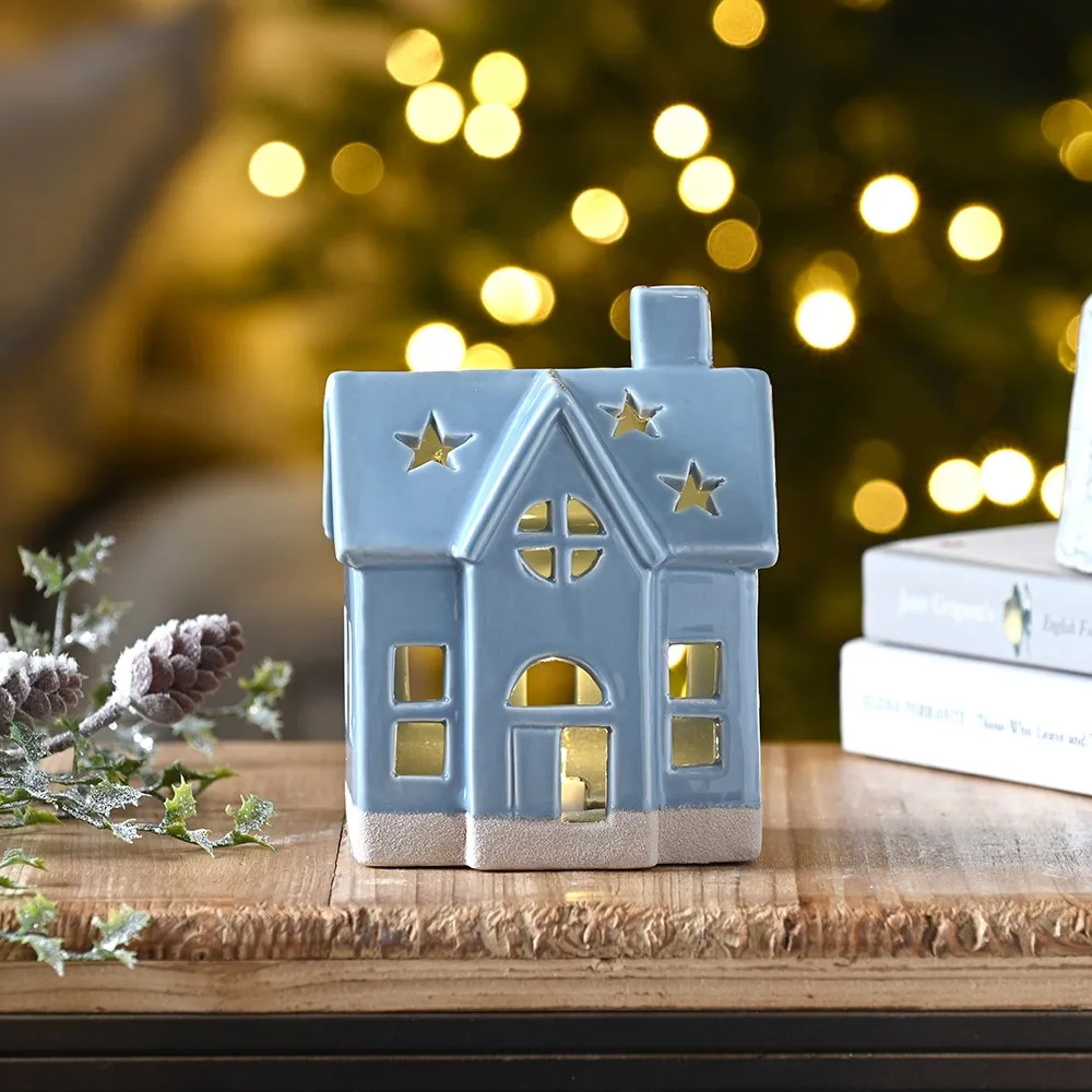 14cm Blue Ceramic House Light-Up Decoration 14cm Blue Ceramic House Light-Up Decoration