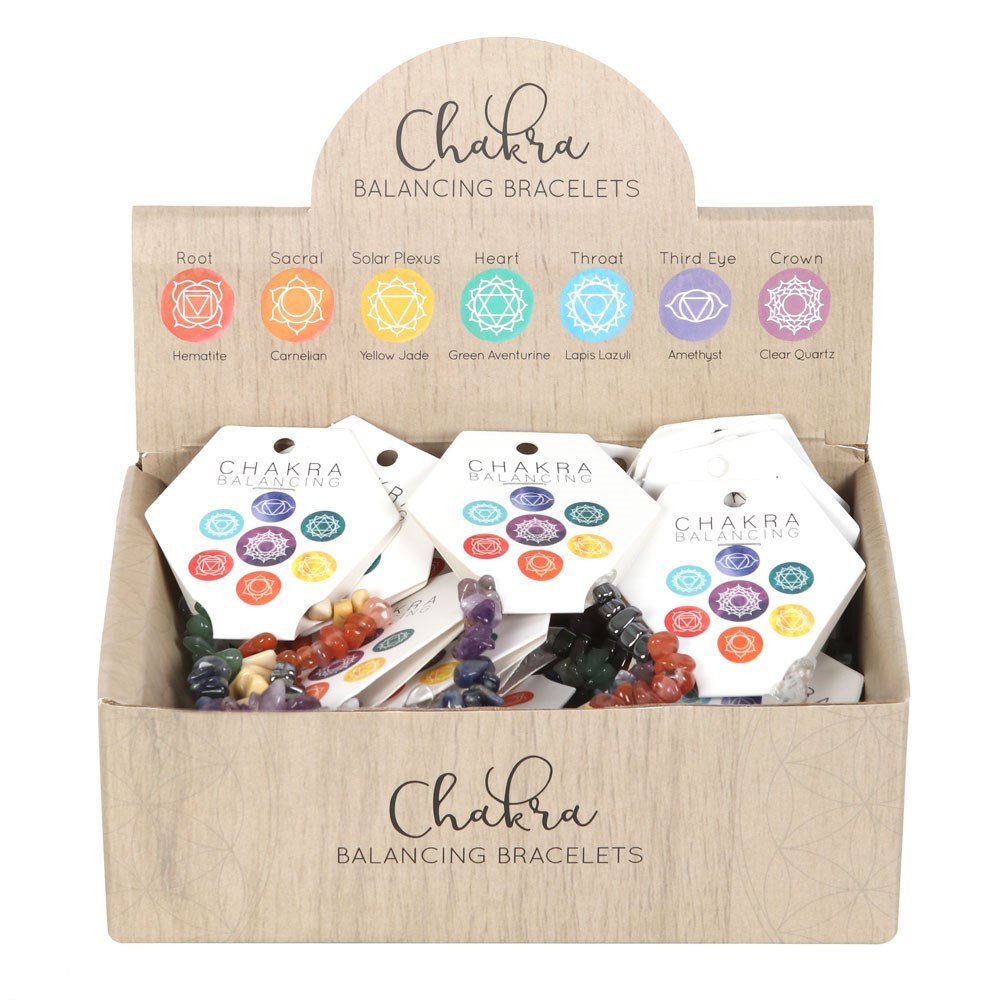 Set of 24 Chakra Crystal Chip Bracelets in Display Box Set of 24 Chakra Crystal Chip Bracelets in Display Box