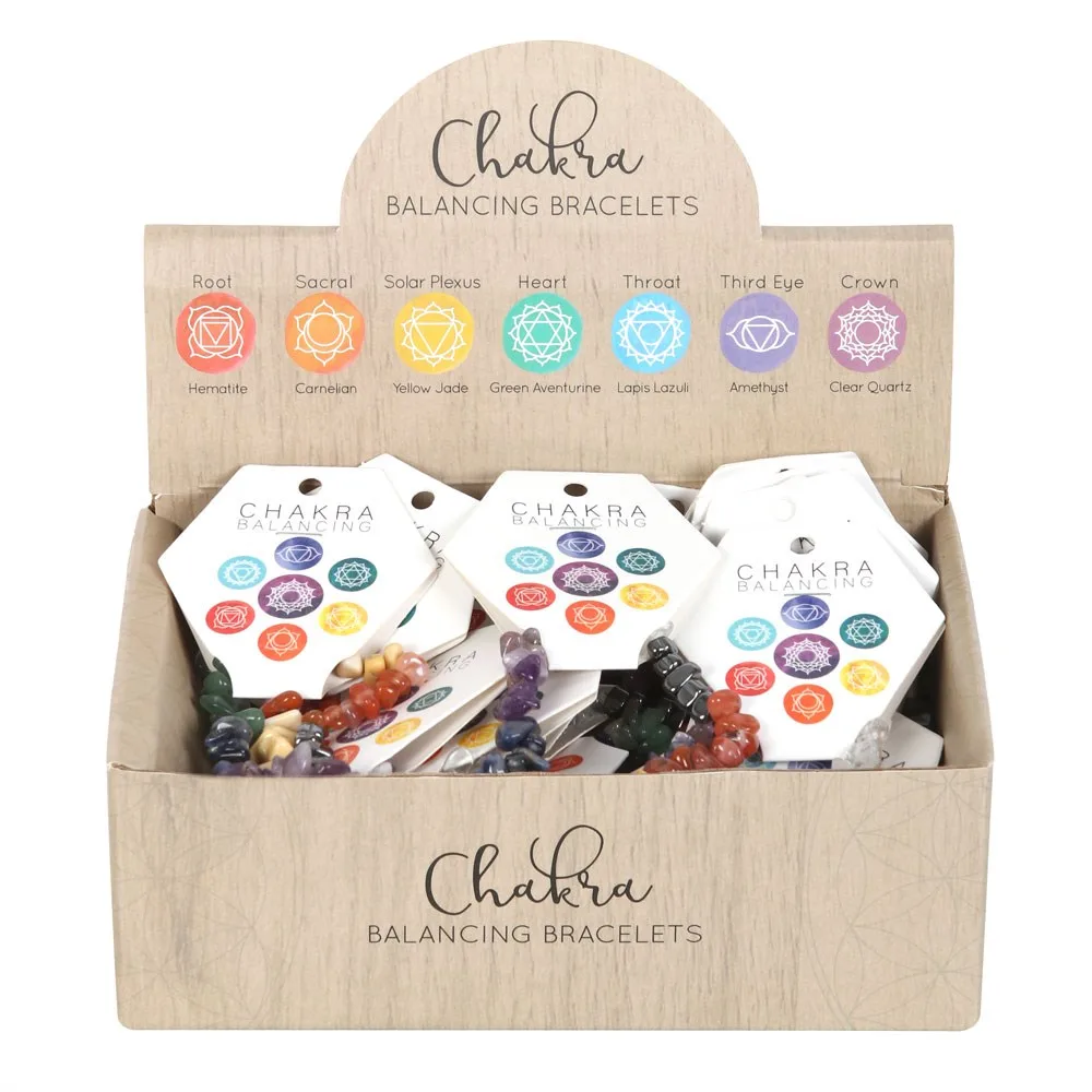 Set of 24 Chakra Crystal Chip Bracelets in Display Box Set of 24 Chakra Crystal Chip Bracelets in Display Box