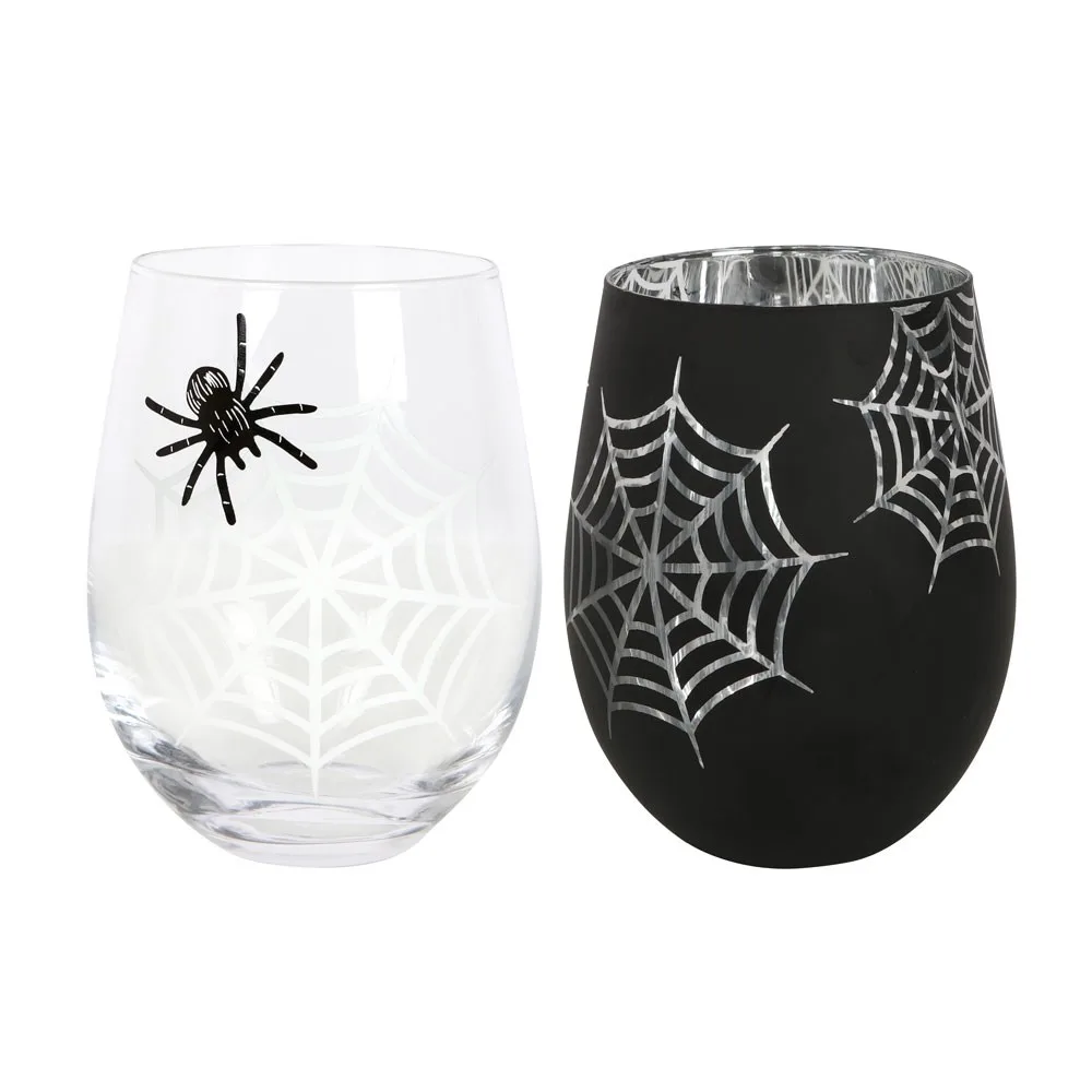 Set of 2 Spider and Web Stemless Wine Glasses Set of 2 Spider and Web Stemless Wine Glasses