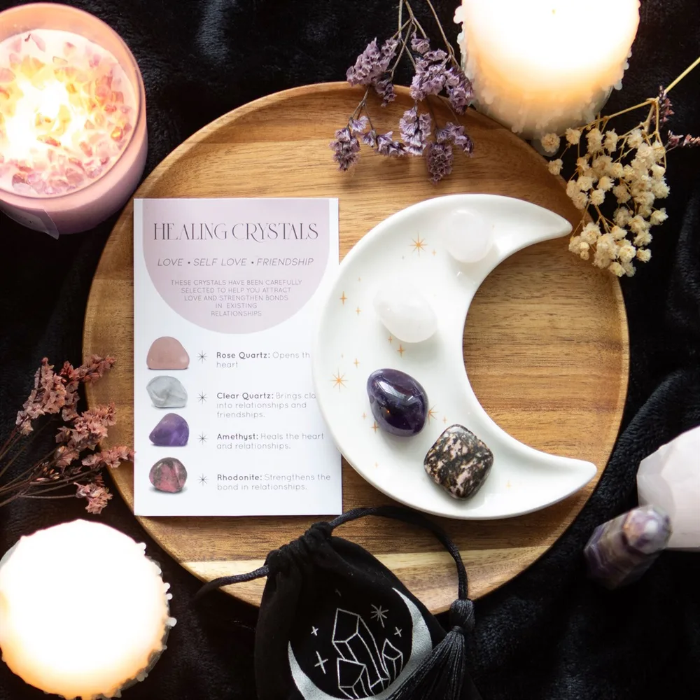 Love Healing Crystal Set with Moon Trinket Dish Love Healing Crystal Set with Moon Trinket Dish