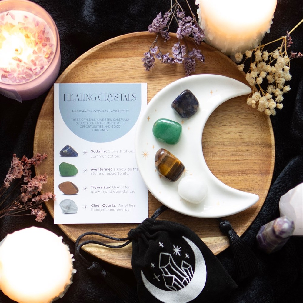 Success Healing Crystal Set with Moon Trinket Dish Success Healing Crystal Set with Moon Trinket Dish