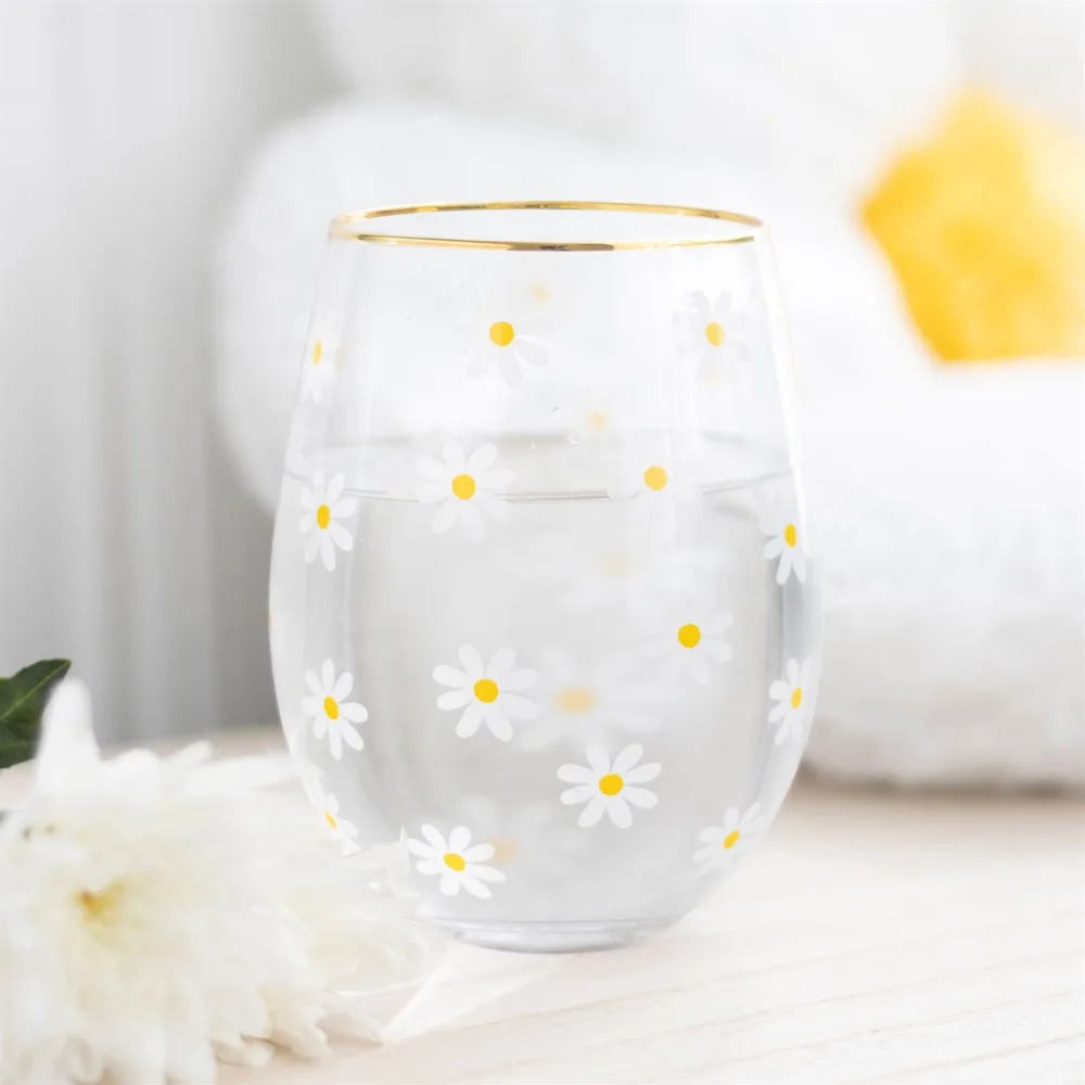 All Over Daisy Print Stemless Wine Glass All Over Daisy Print Stemless Wine Glass