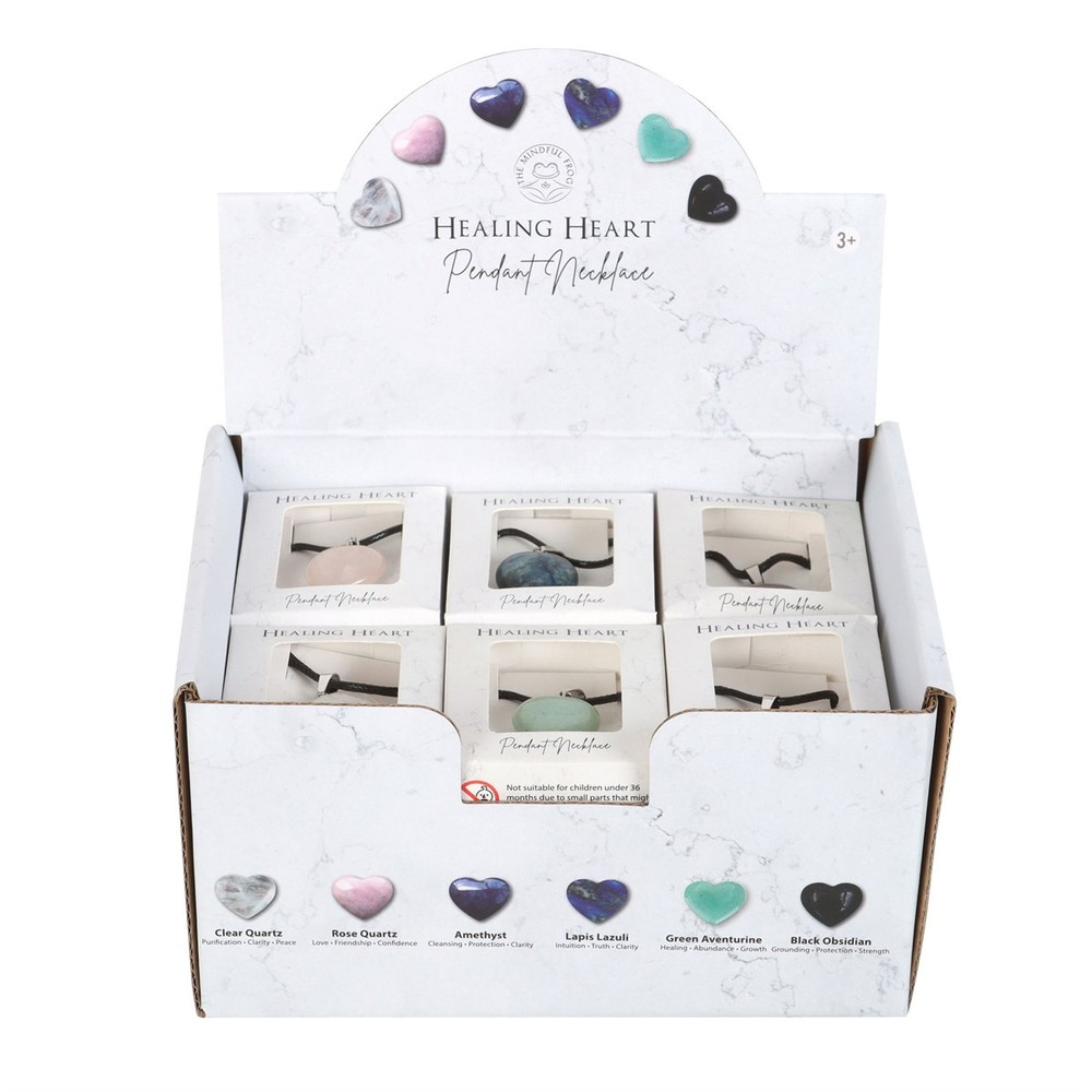 Set of 24 Healing Heart Crystal Necklaces in Display