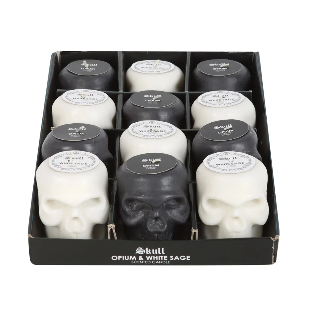 Set of 12 Opium & White Sage Skull Candles in Display - Image 2