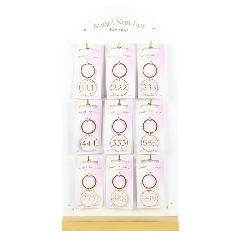 Set of 36 Angel Number Keyrings on Display Set of 36 Angel Number Keyrings on Display