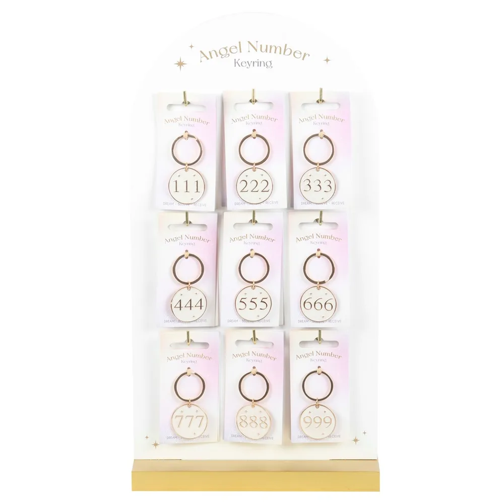 Set of 36 Angel Number Keyrings on Display Set of 36 Angel Number Keyrings on Display
