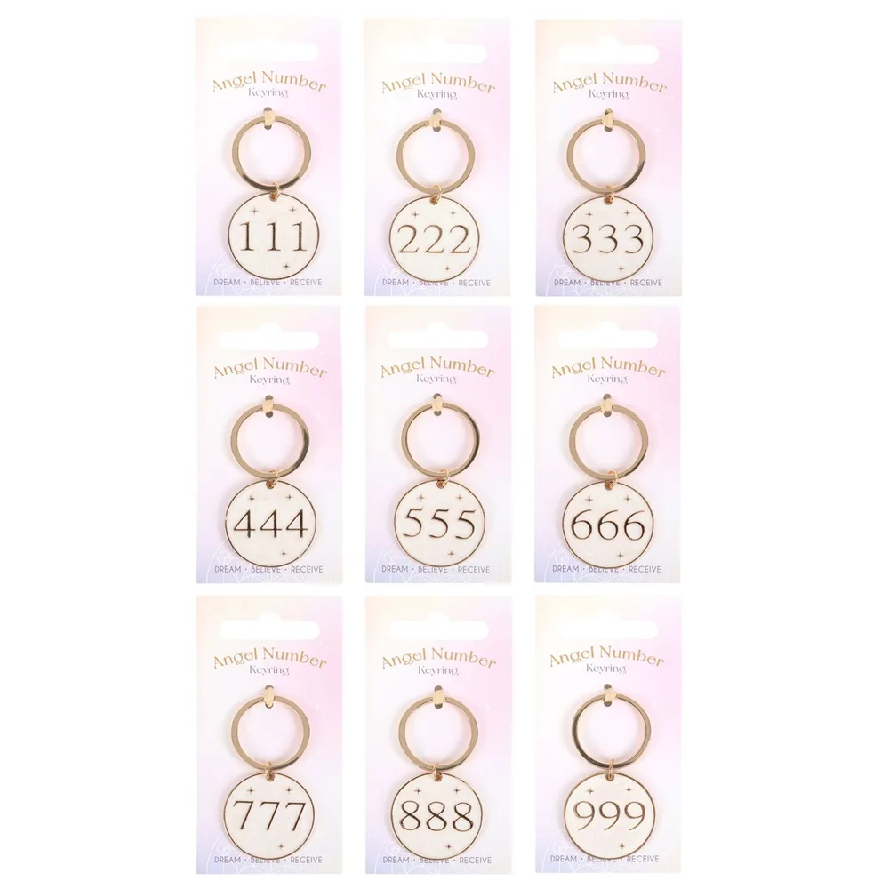 Set of 36 Angel Number Keyrings on Display - Image 3