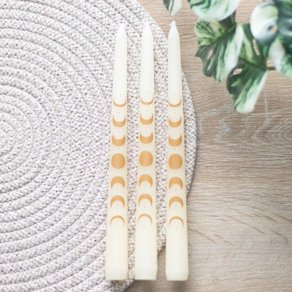 Set of 3 Off White Moon Phases Taper Dinner Candles - Image 6