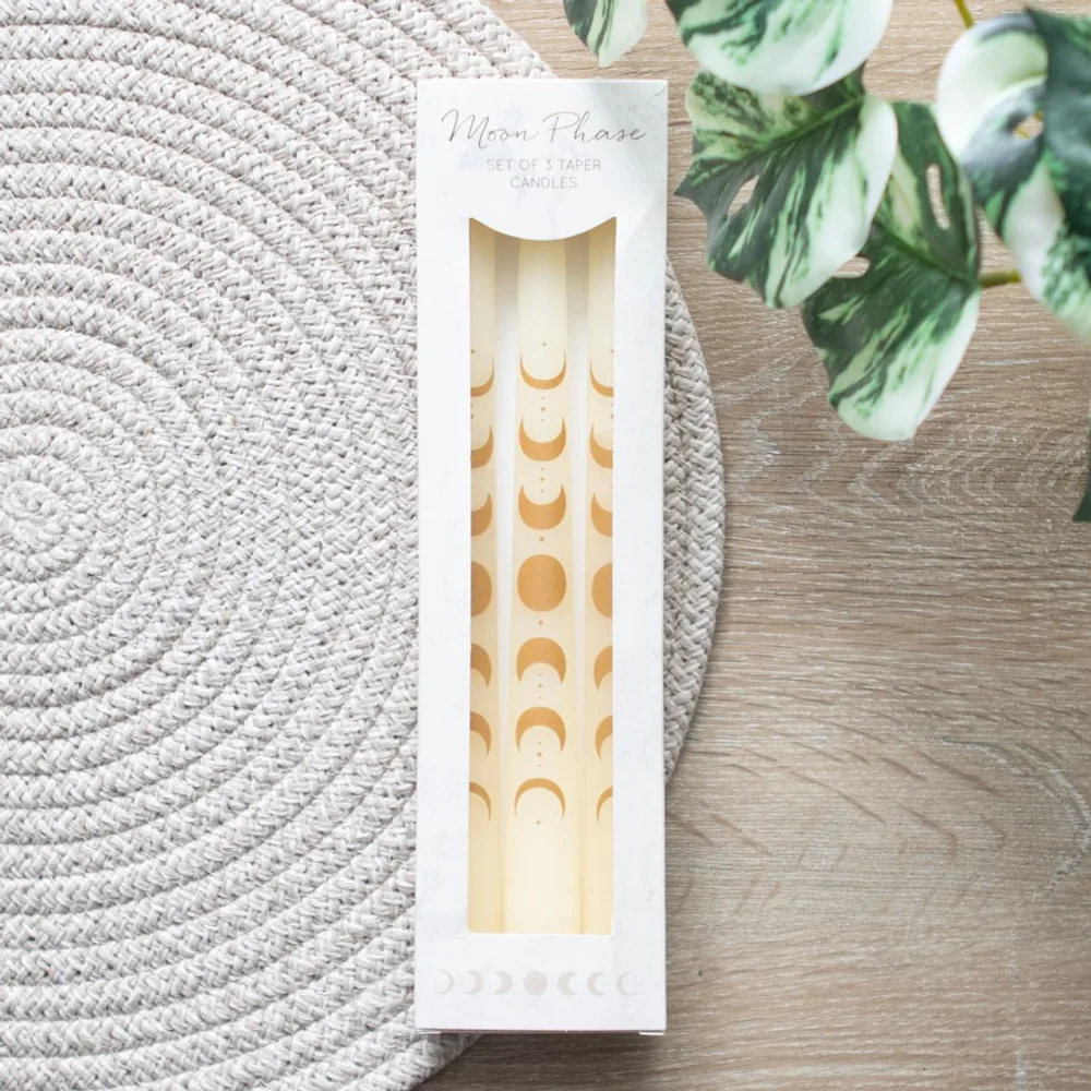 Set of 3 Off White Moon Phases Taper Dinner Candles - Image 7