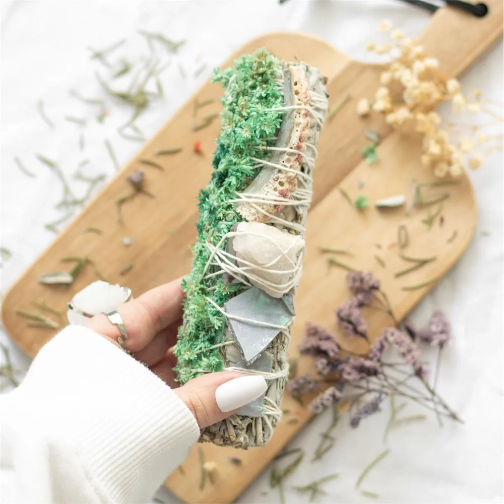 6in Ritual Wand Smudge Stick with White Sage, Abalone and Quartz - Image 7