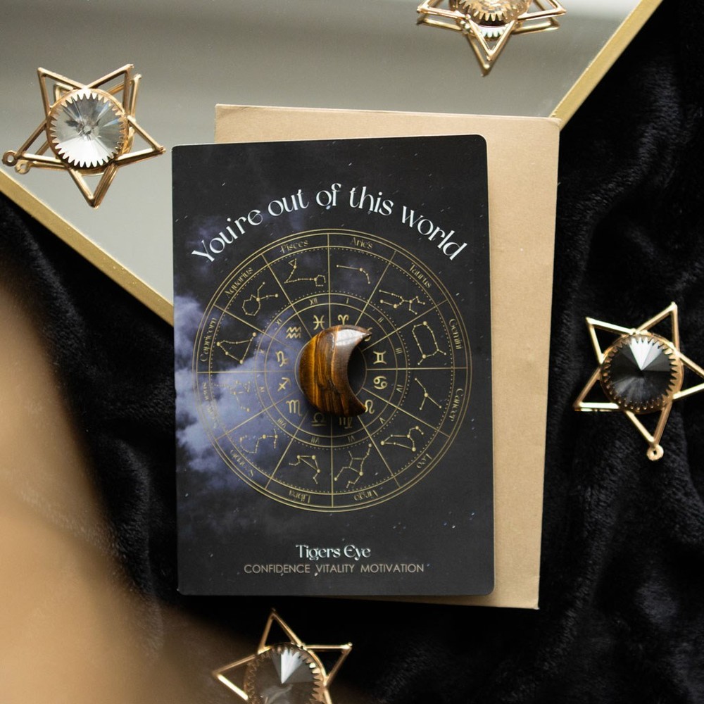 Out Of This World Tiger’s Eye Crystal Moon Greeting Card