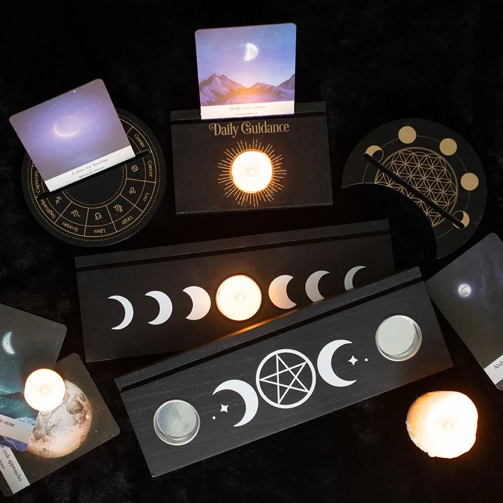 Black Flower of Life Crescent Moon Tarot Card Stand - Image 7