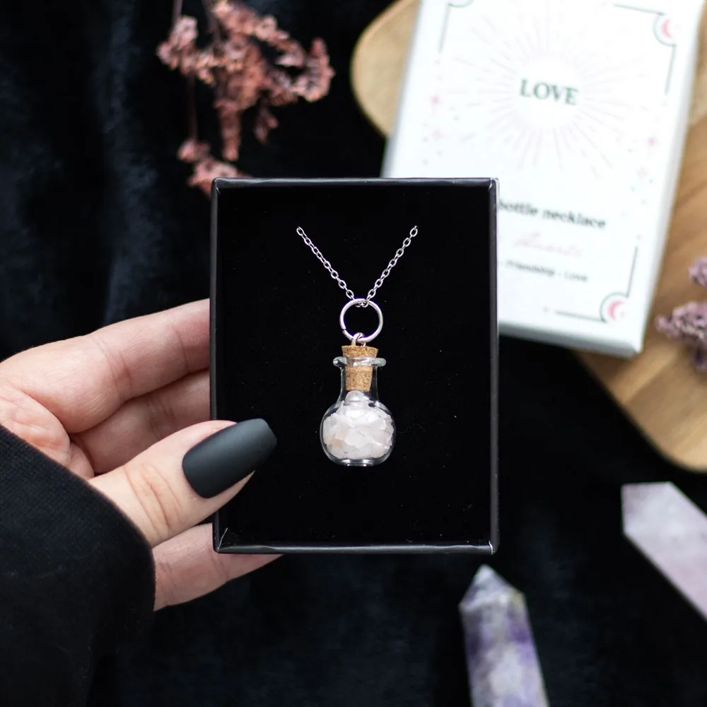 Love Rose Quartz Crystal Chip Potion Bottle Necklace Love Rose Quartz Crystal Chip Potion Bottle Necklace