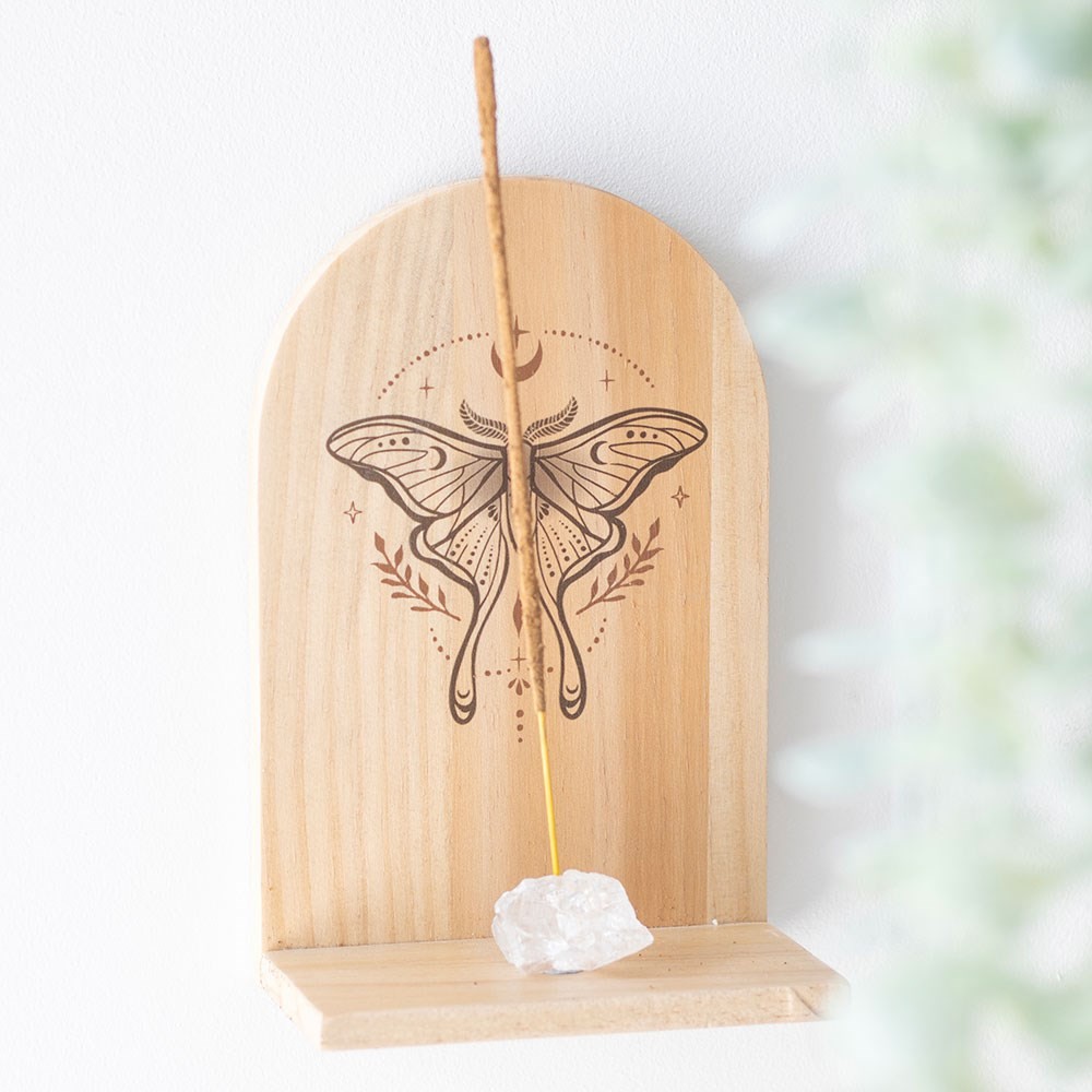 Natural Luna Moth Wooden Incense Holder Shelf Natural Luna Moth Wooden Incense Holder Shelf