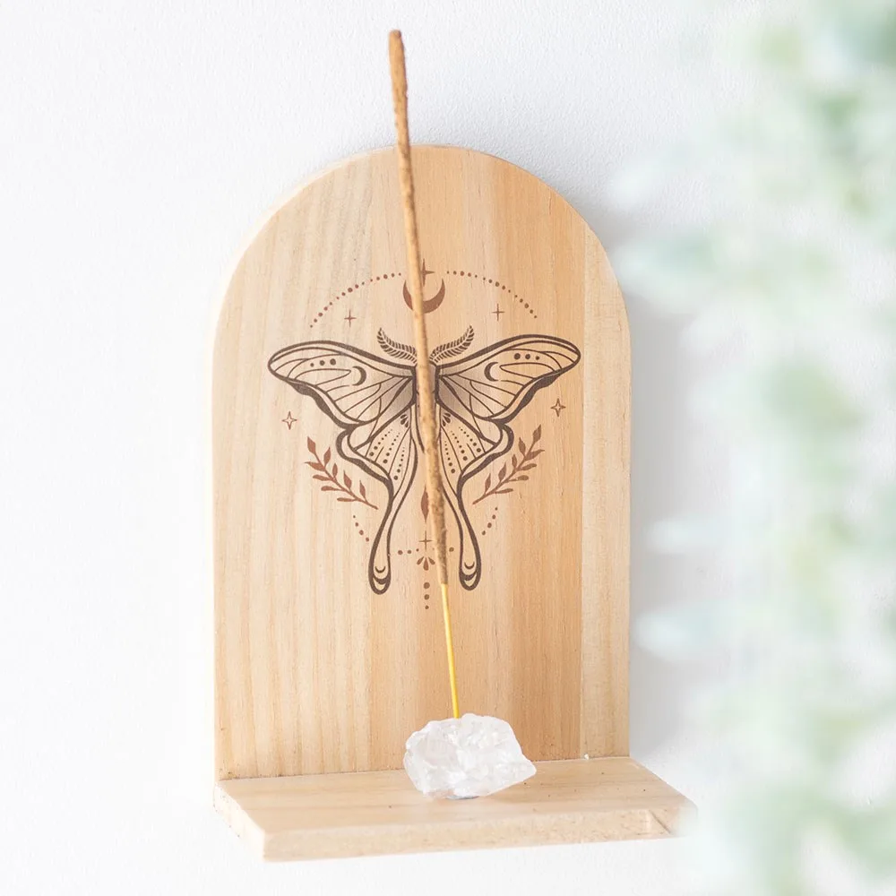 Natural Luna Moth Wooden Incense Holder Shelf Natural Luna Moth Wooden Incense Holder Shelf
