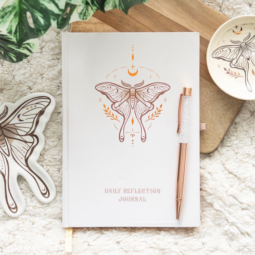 Luna Moth Daily Reflection Journal and Clear Quartz Crystal Pen Luna Moth Daily Reflection Journal and Clear Quartz Crystal Pen