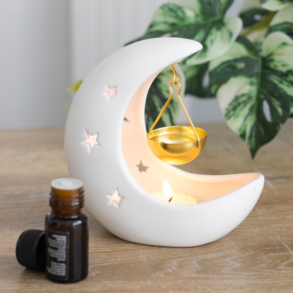 White Crescent Moon Oil Burner with Gold Dish White Crescent Moon Oil Burner with Gold Dish