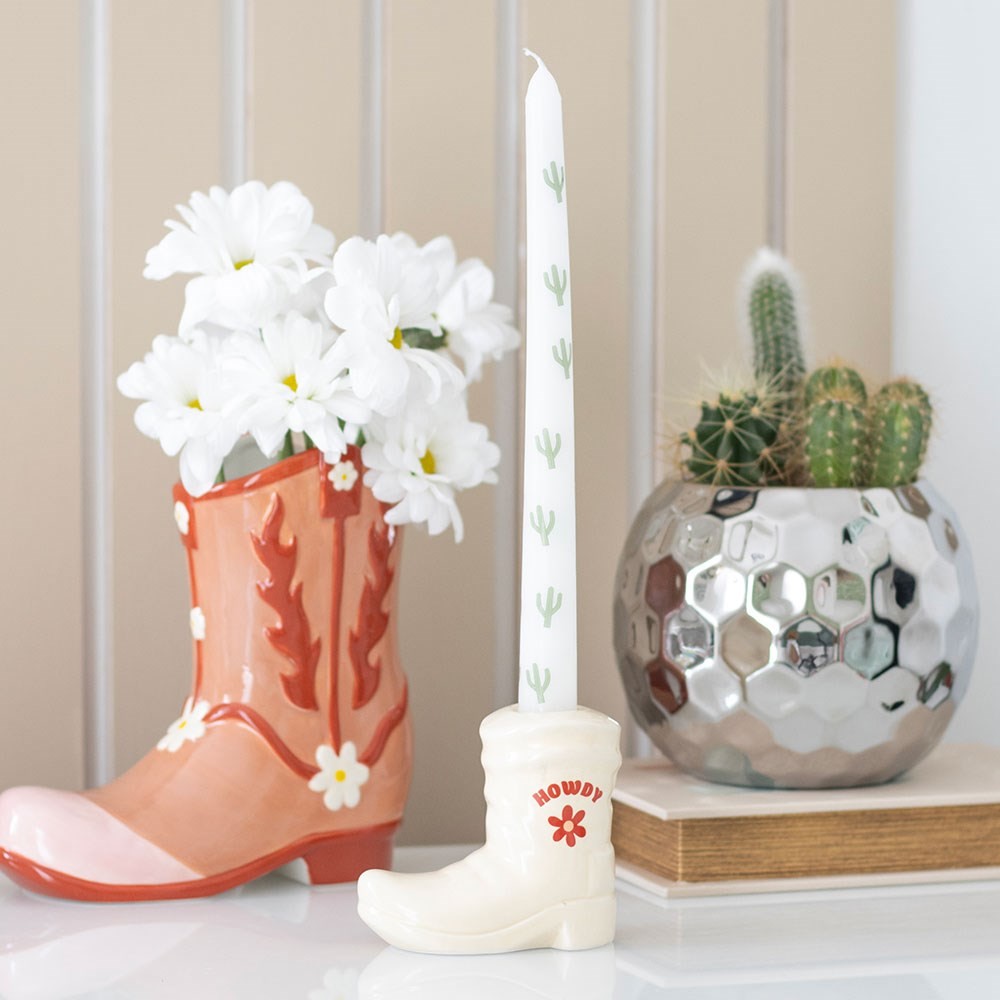 White Cowboy Boot Candle Holder with Taper Candle White Cowboy Boot Candle Holder with Taper Candle