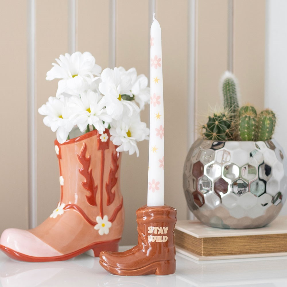 Brown Cowboy Boot Candle Holder with Taper Candle Brown Cowboy Boot Candle Holder with Taper Candle