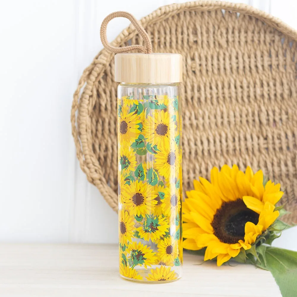 Sunflower Print Glass Water Bottle Sunflower Print Glass Water Bottle