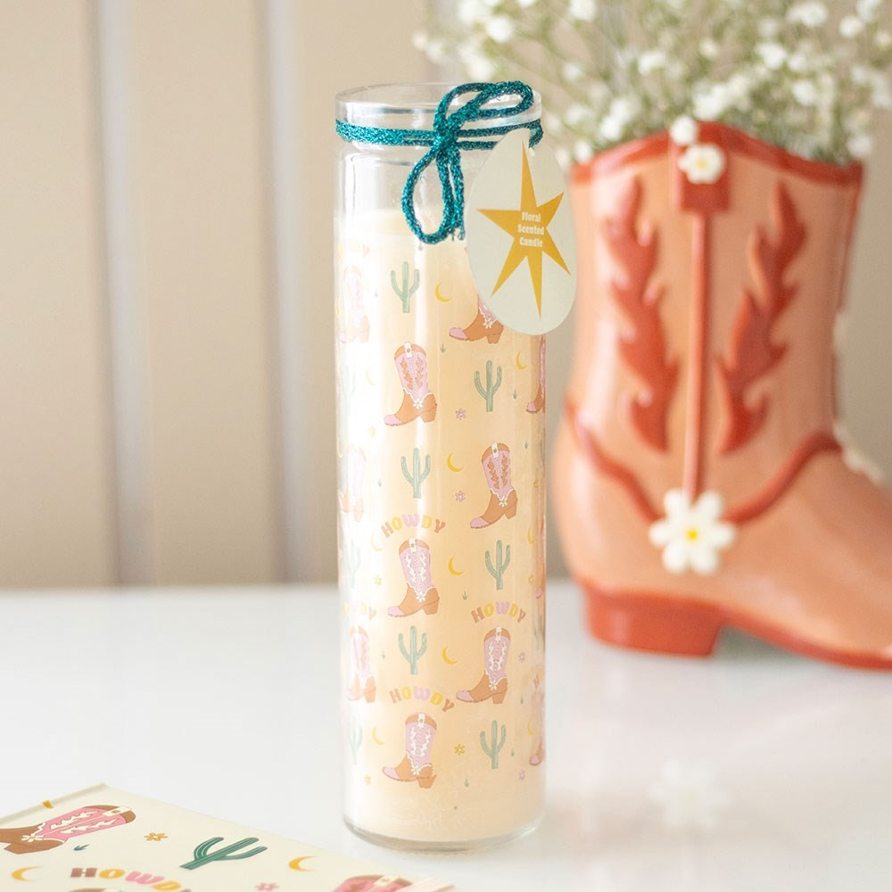 Howdy Cowboy Boot Print Floral Tube Candle Howdy Cowboy Boot Print Floral Tube Candle