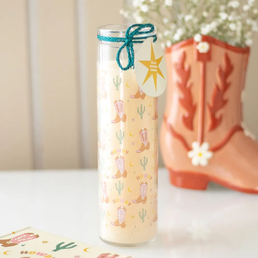 Howdy Cowboy Boot Print Floral Tube Candle Howdy Cowboy Boot Print Floral Tube Candle