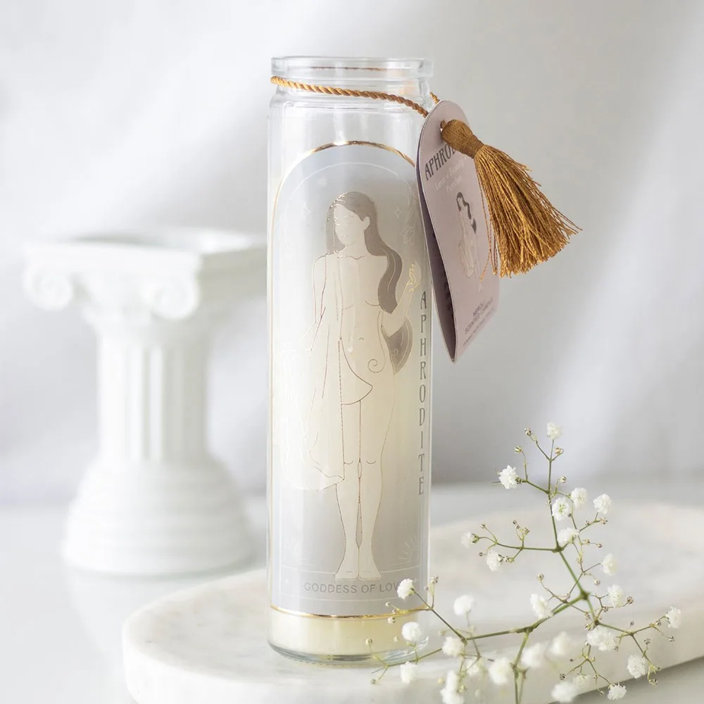 Aphrodite Goddess Tube Candle with Rose Quartz Crystals Aphrodite Goddess Tube Candle with Rose Quartz Crystals