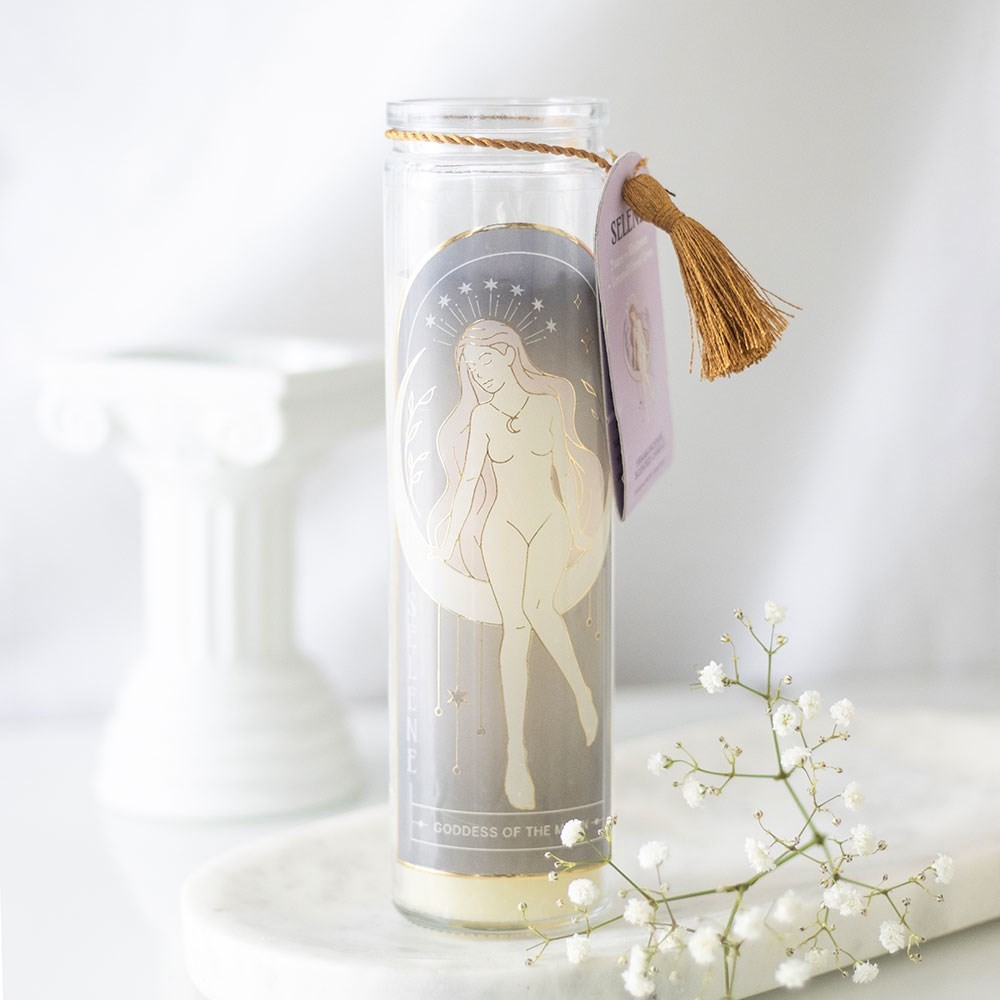 Selene Goddess Tube Candle with Amethyst Crystals Selene Goddess Tube Candle with Amethyst Crystals
