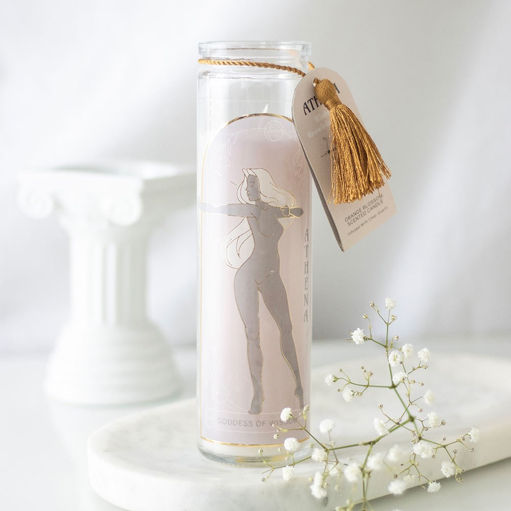 Athena Goddess Tube Candle with Clear Quartz Crystals Athena Goddess Tube Candle with Clear Quartz Crystals