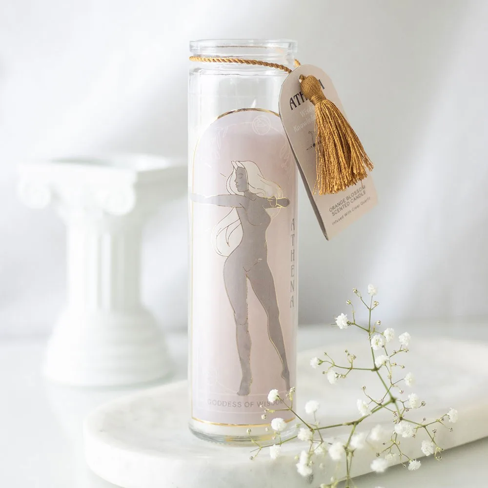 Athena Goddess Tube Candle with Clear Quartz Crystals Athena Goddess Tube Candle with Clear Quartz Crystals