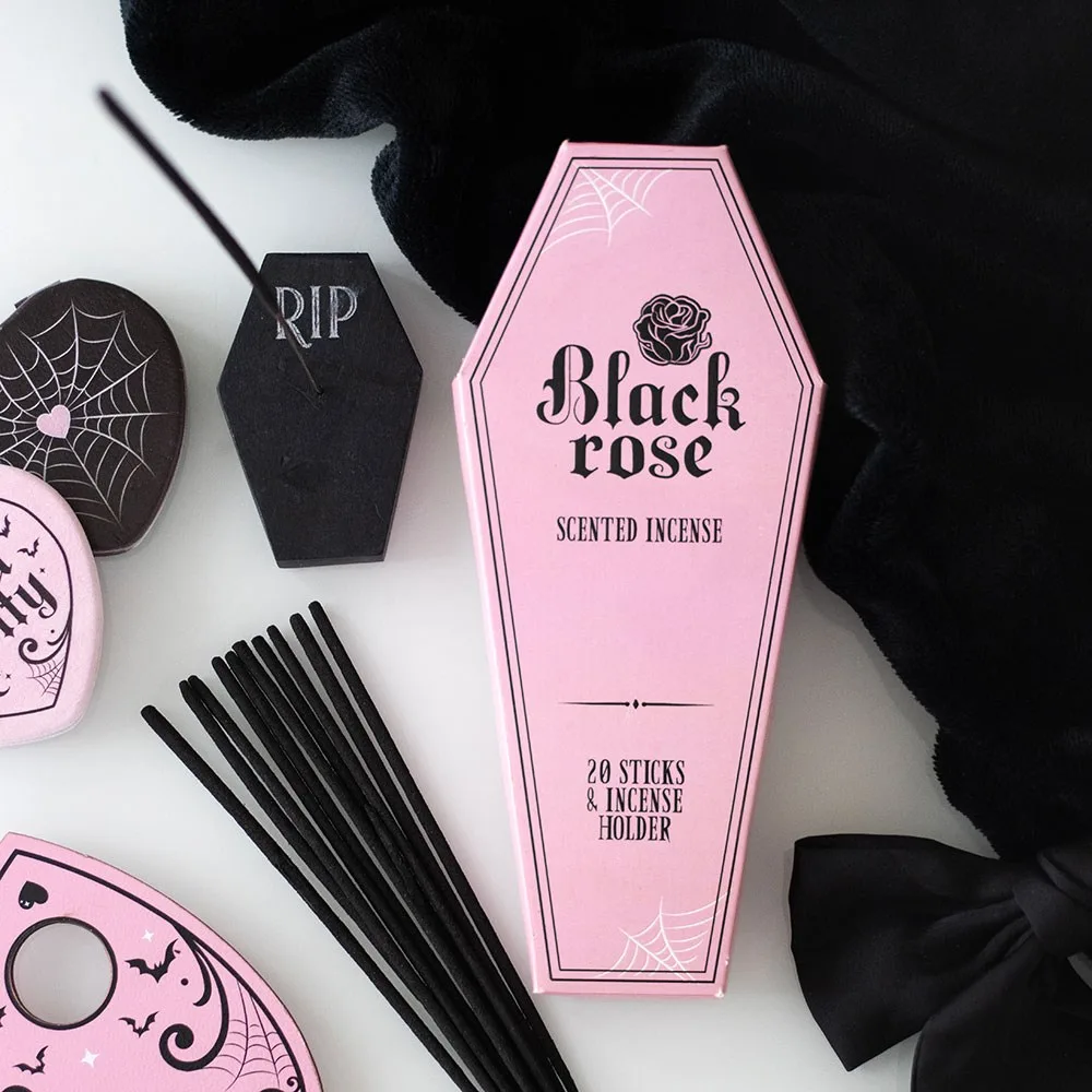 Set of 18 Black Rose Incense Stick Packs with Coffin Holder Set of 18 Black Rose Incense Stick Packs with Coffin Holder