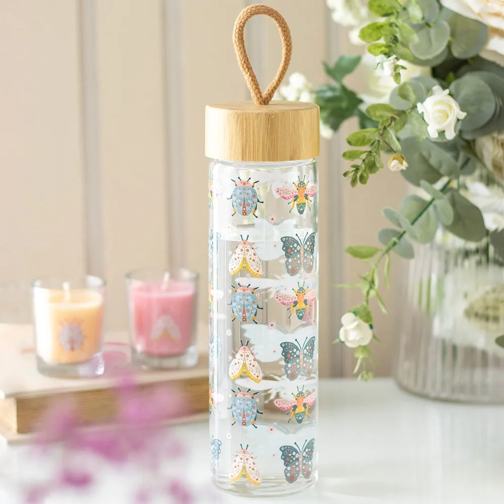 Floral Bug Print Glass Water Bottle Floral Bug Print Glass Water Bottle