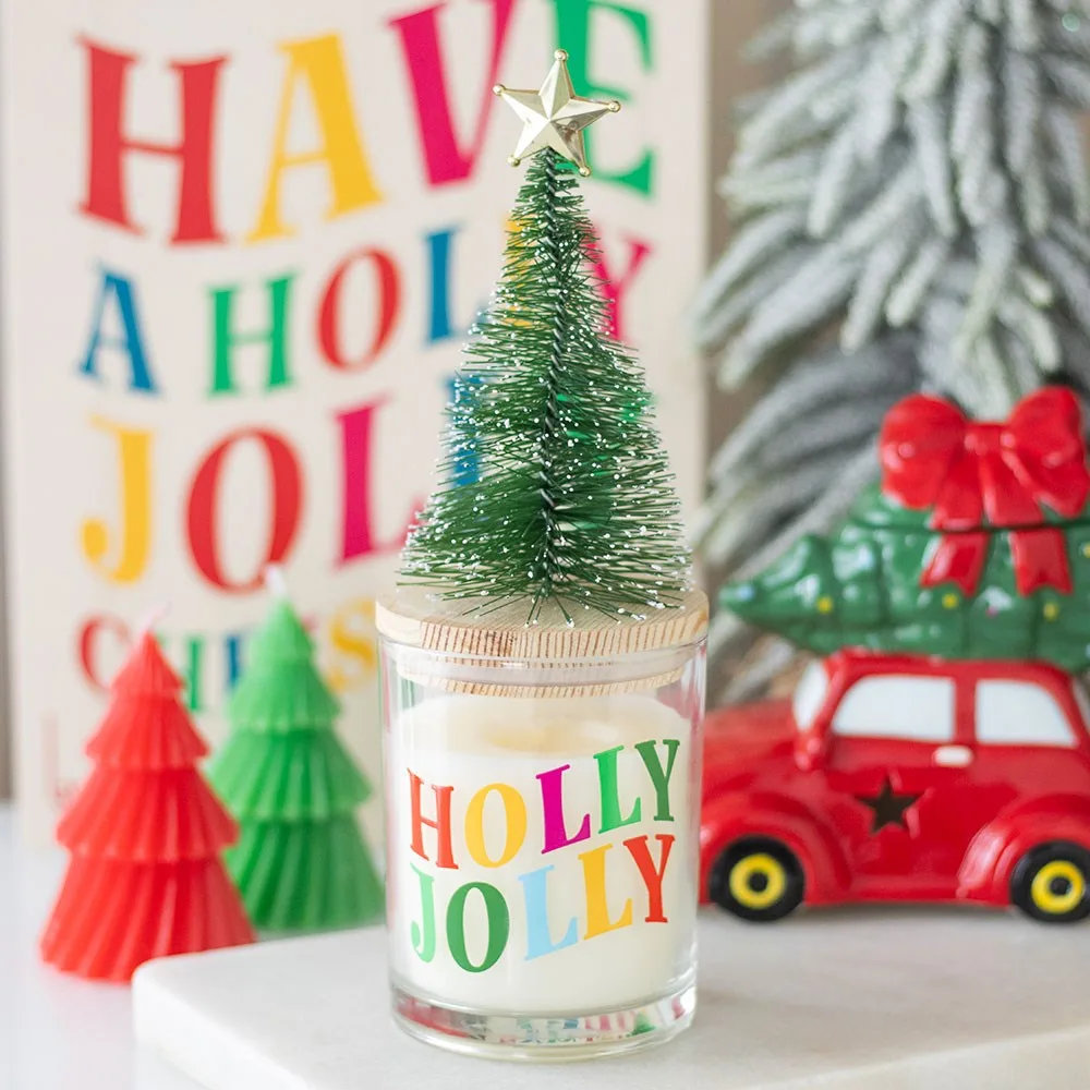 Holly Jolly Pine & Fir Glass Candle with Tree Holly Jolly Pine & Fir Glass Candle with Tree