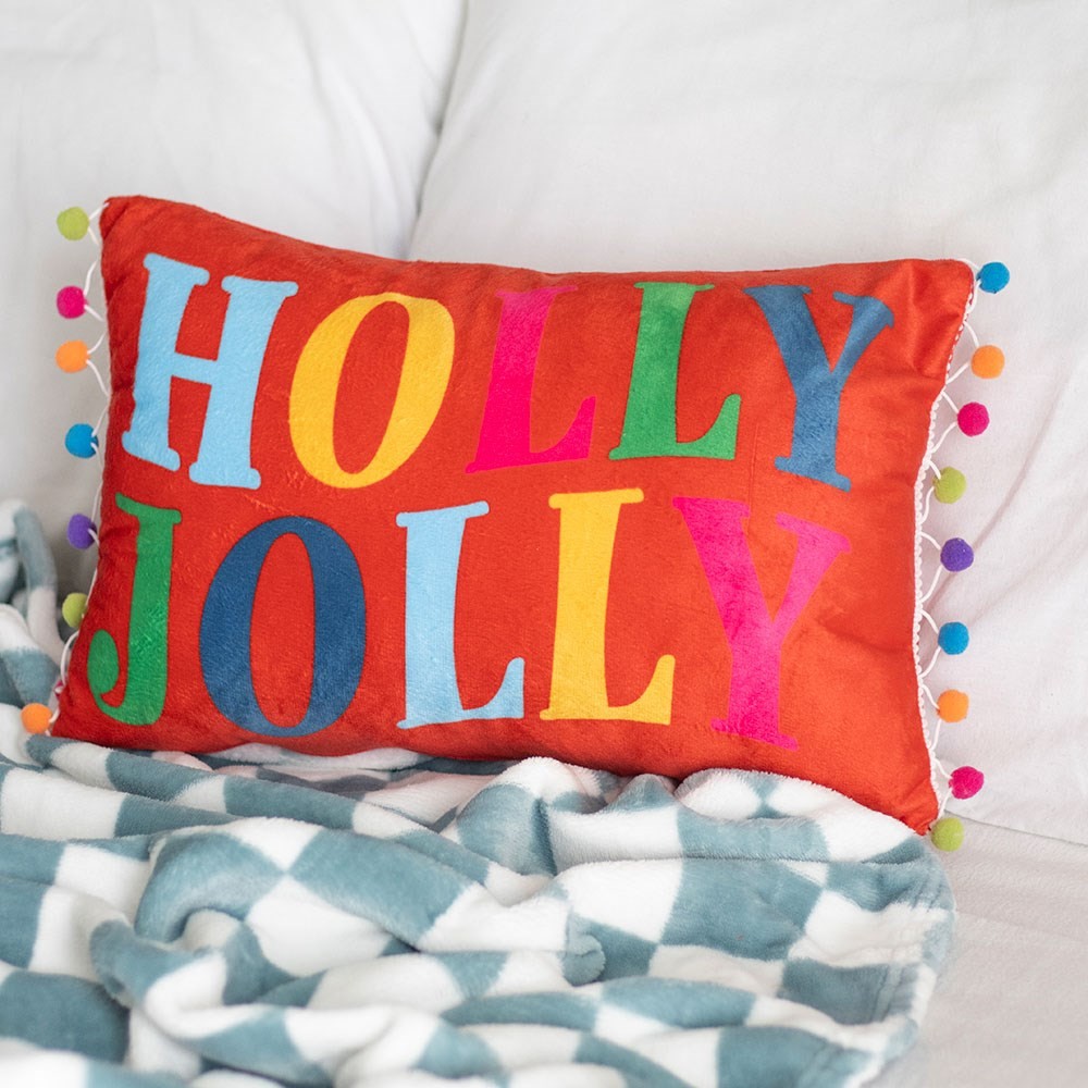 Red Holly Jolly Cushion with Pom Poms Red Holly Jolly Cushion with Pom Poms
