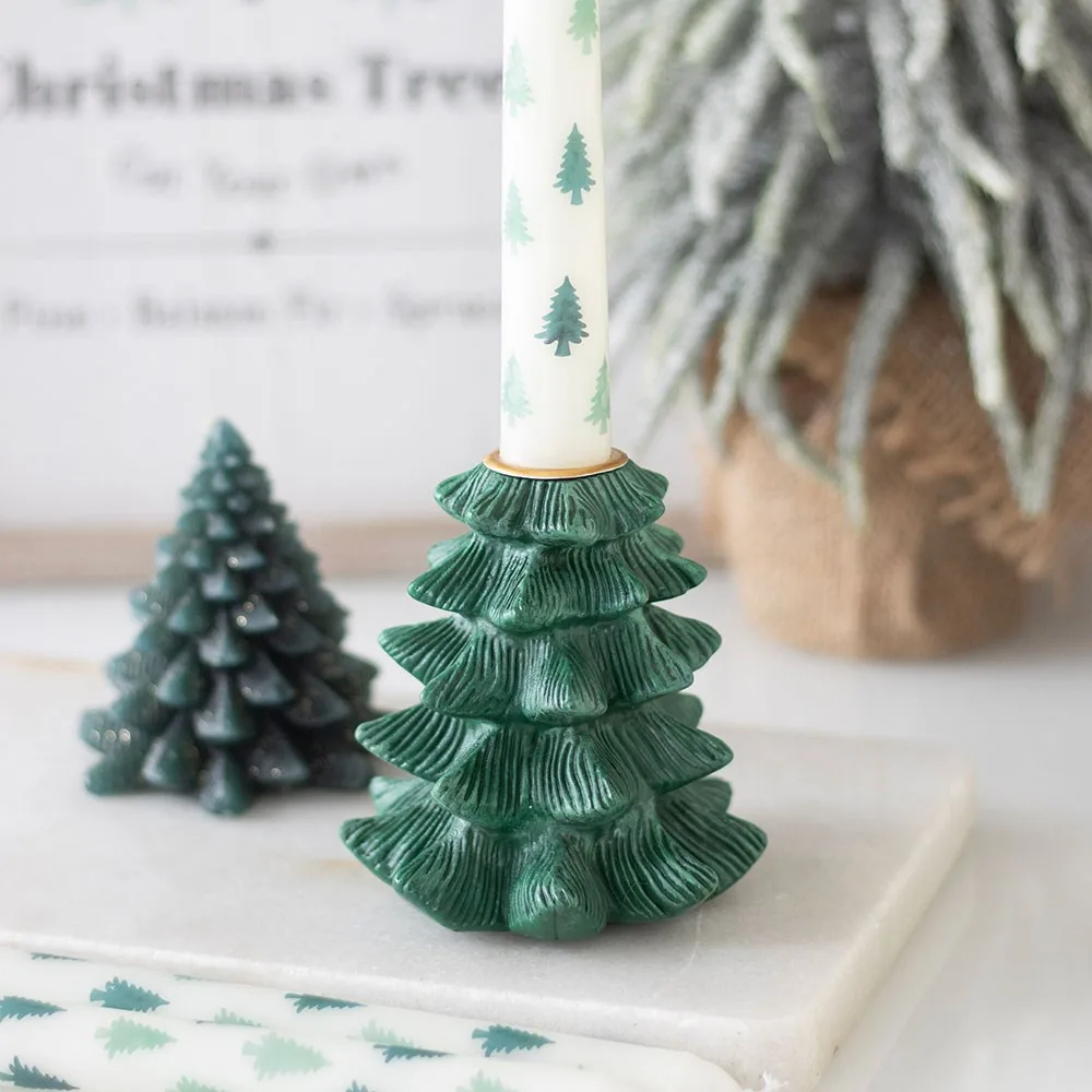 Green Fir Tree Candle Holder with Taper Candle Green Fir Tree Candle Holder with Taper Candle