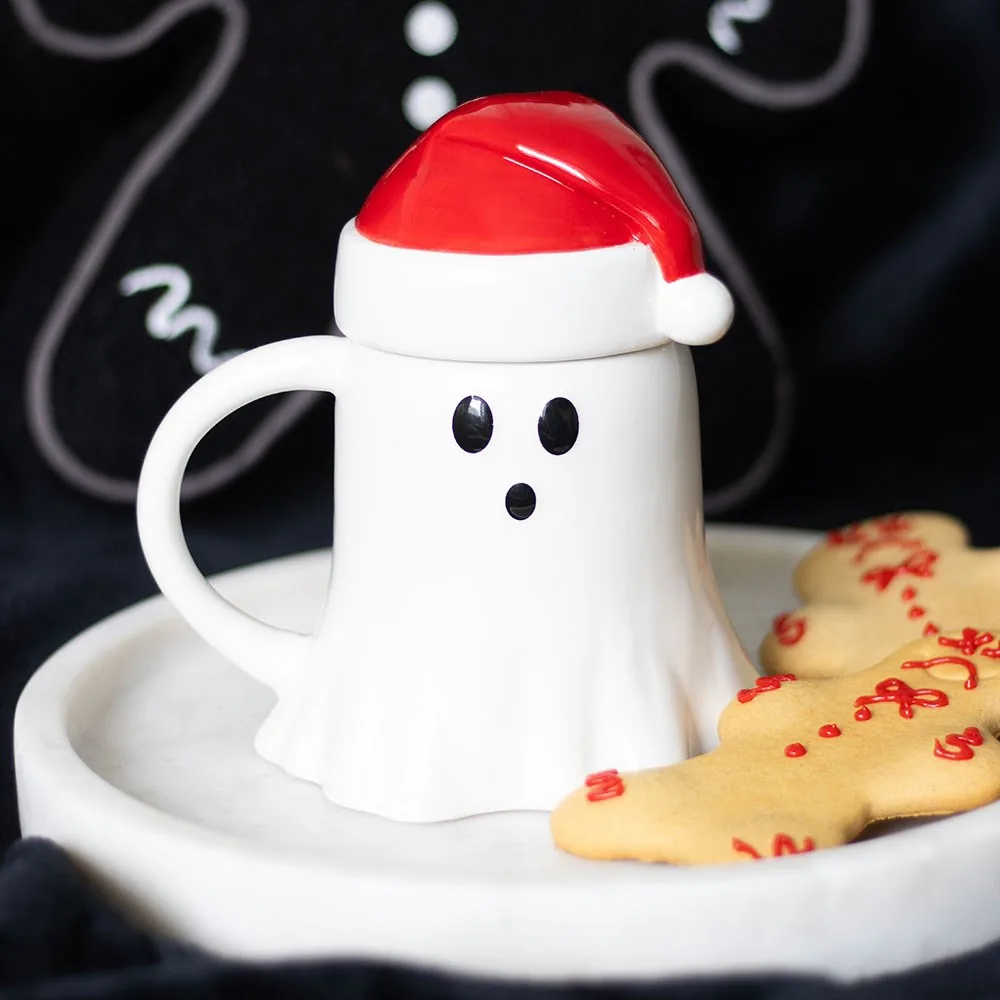 Ghost Shaped Mug with Santa Hat Lid Ghost Shaped Mug with Santa Hat Lid