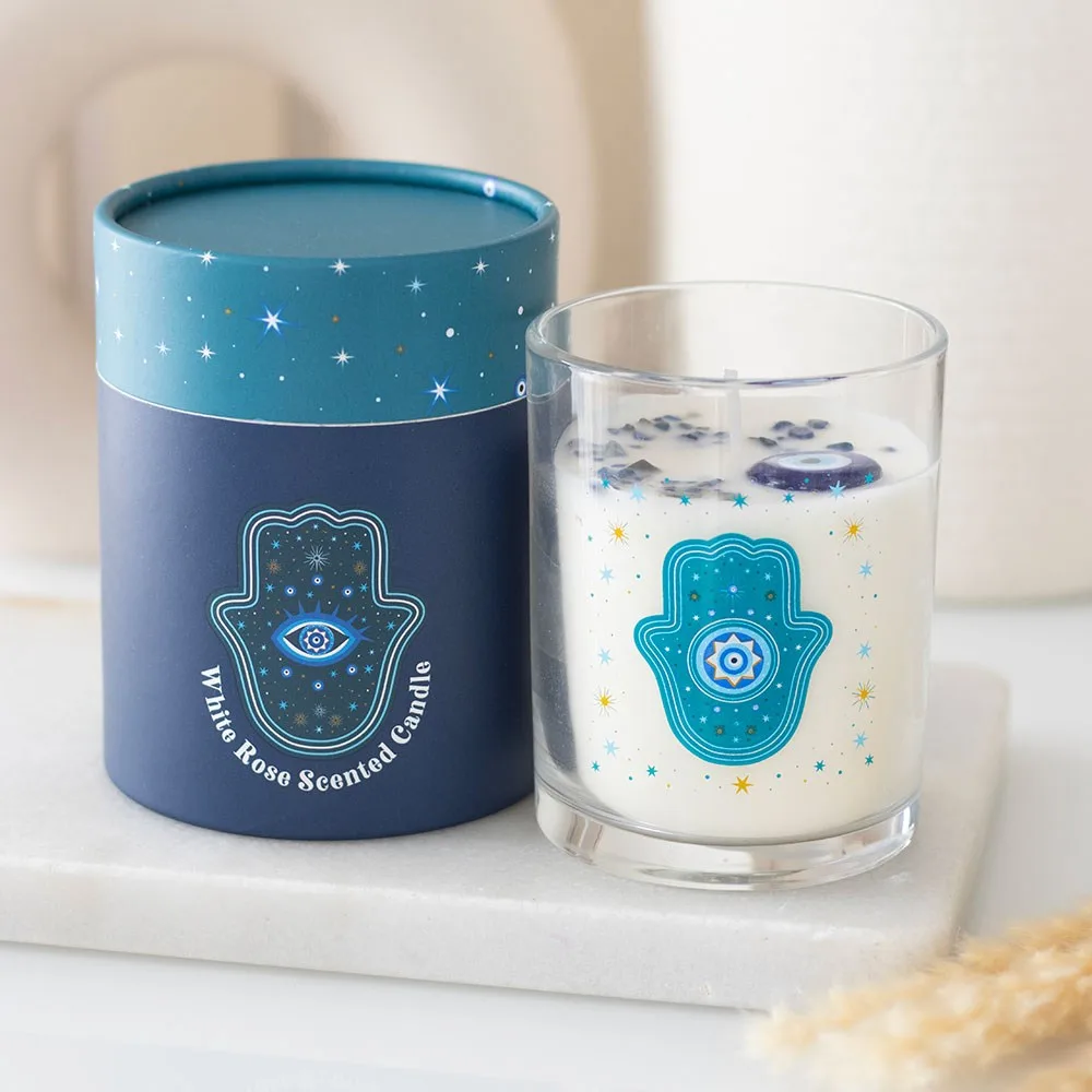 Hand of Hamsa White Rose Candle with Crystals Hand of Hamsa White Rose Candle with Crystals