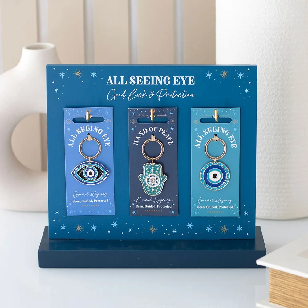 Set of 18 All Seeing Eye Keyrings on Display Set of 18 All Seeing Eye Keyrings on Display