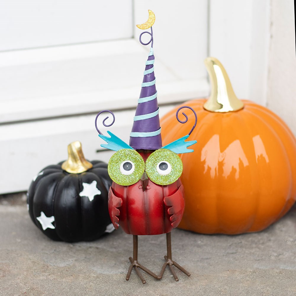 Red Metal Owl Ornament with Witch Hat Red Metal Owl Ornament with Witch Hat