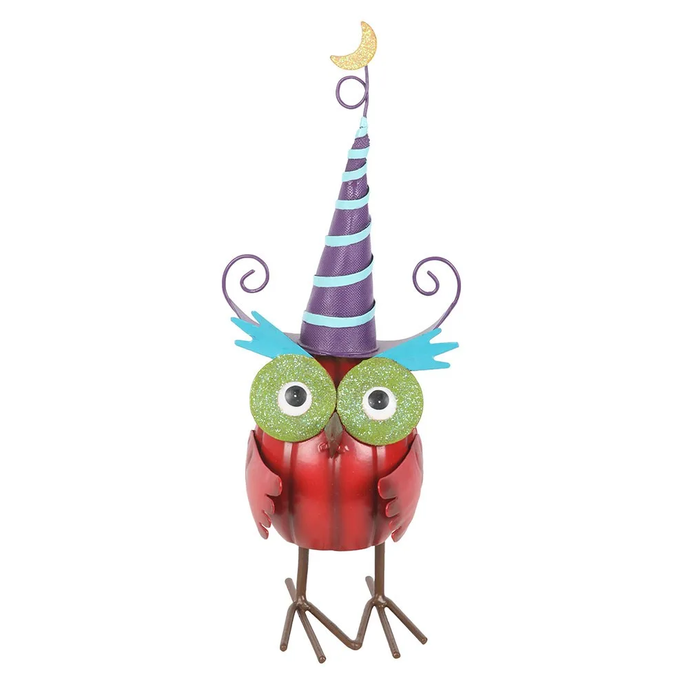 Red Metal Owl Ornament with Witch Hat - Image 2