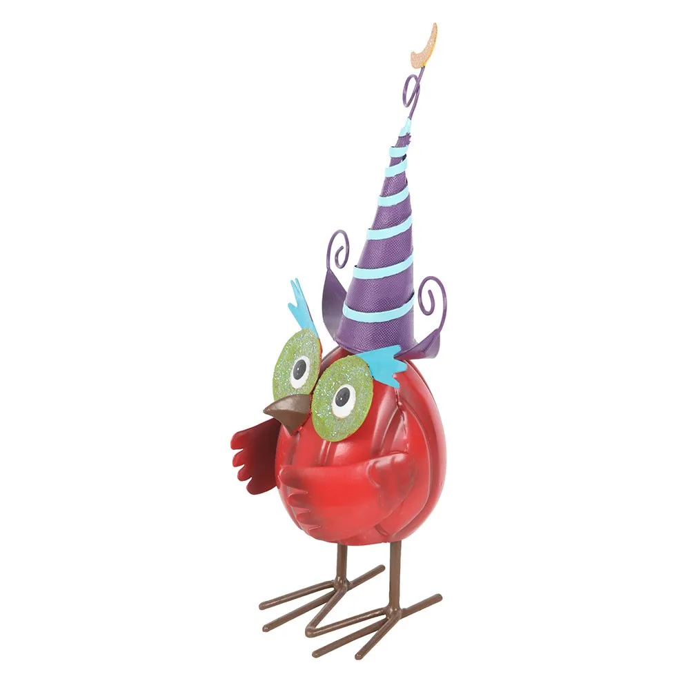 Red Metal Owl Ornament with Witch Hat - Image 3