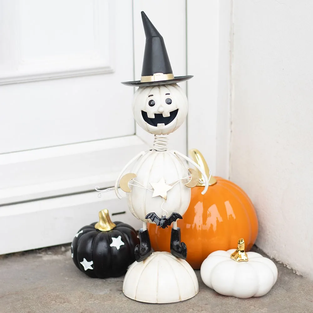 White Metal Pumpkin Man Ornament with Witch Hat White Metal Pumpkin Man Ornament with Witch Hat