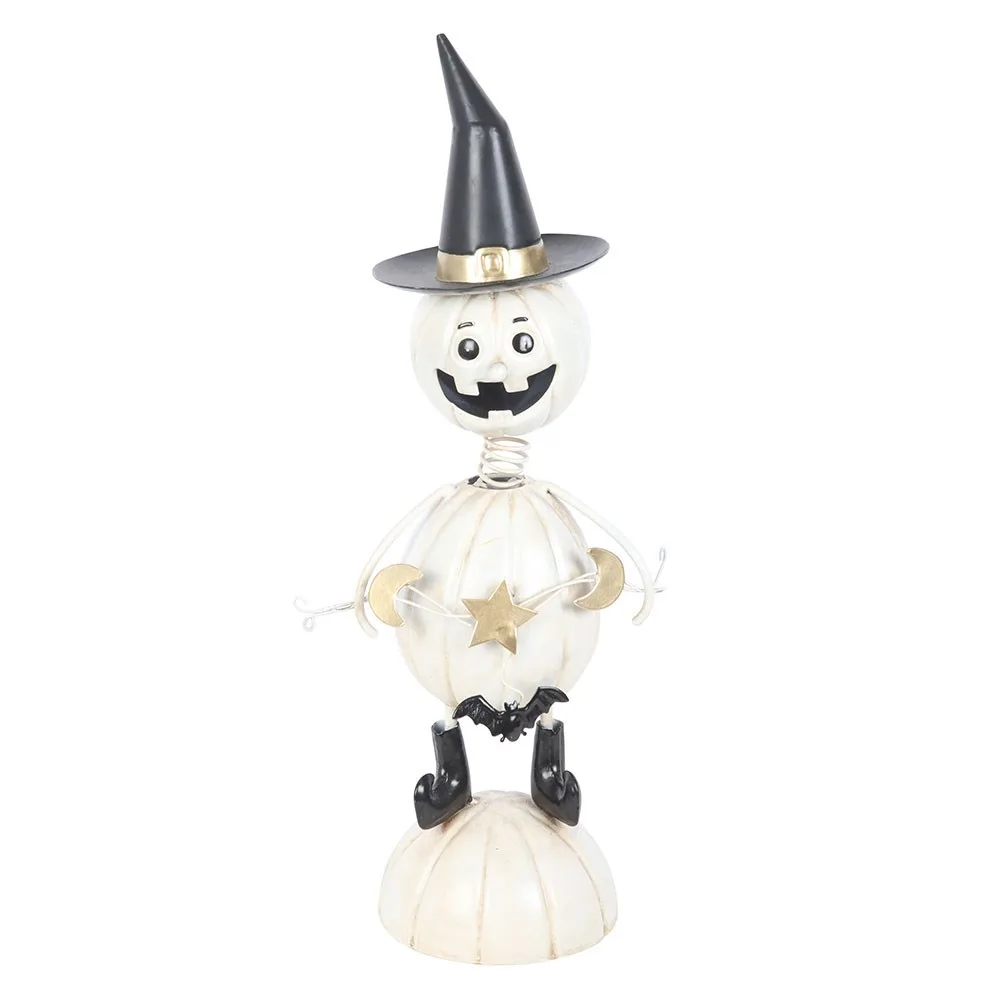 White Metal Pumpkin Man Ornament with Witch Hat, photo 2 of 4