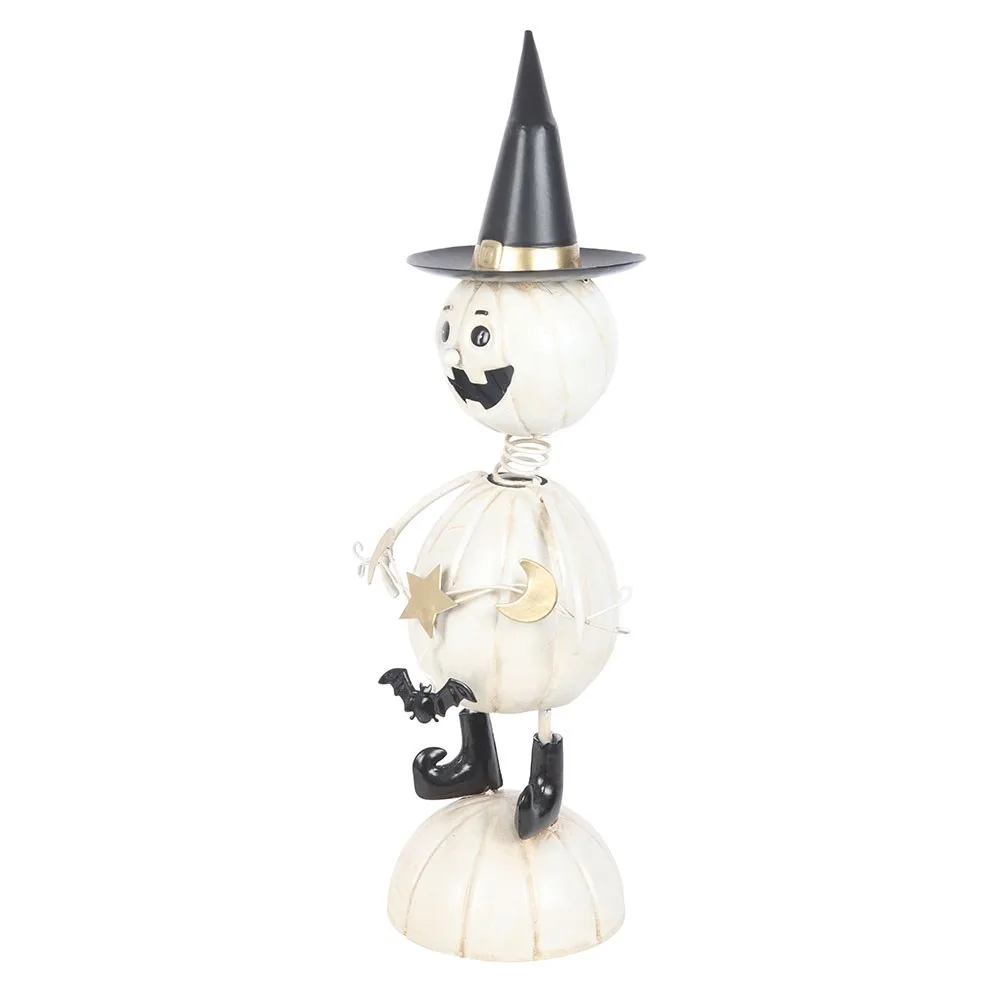 White Metal Pumpkin Man Ornament with Witch Hat, photo 3 of 4