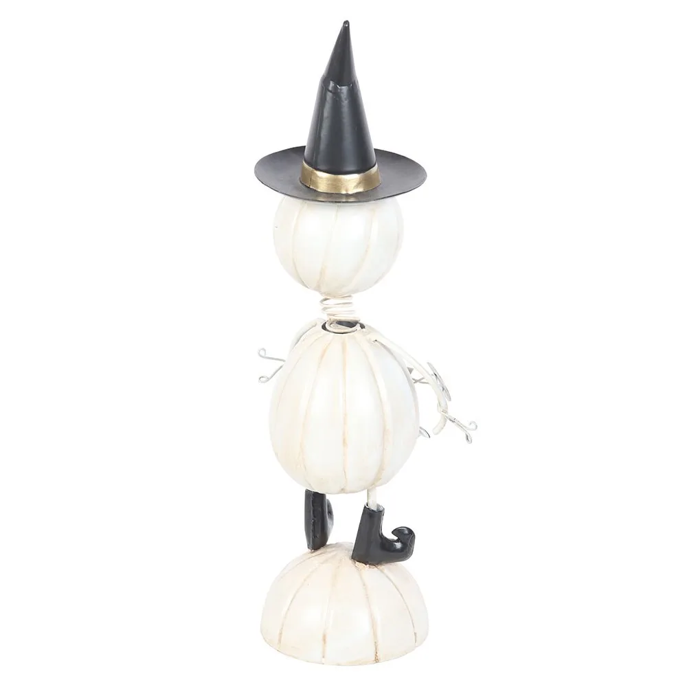 White Metal Pumpkin Man Ornament with Witch Hat, photo 4 of 4