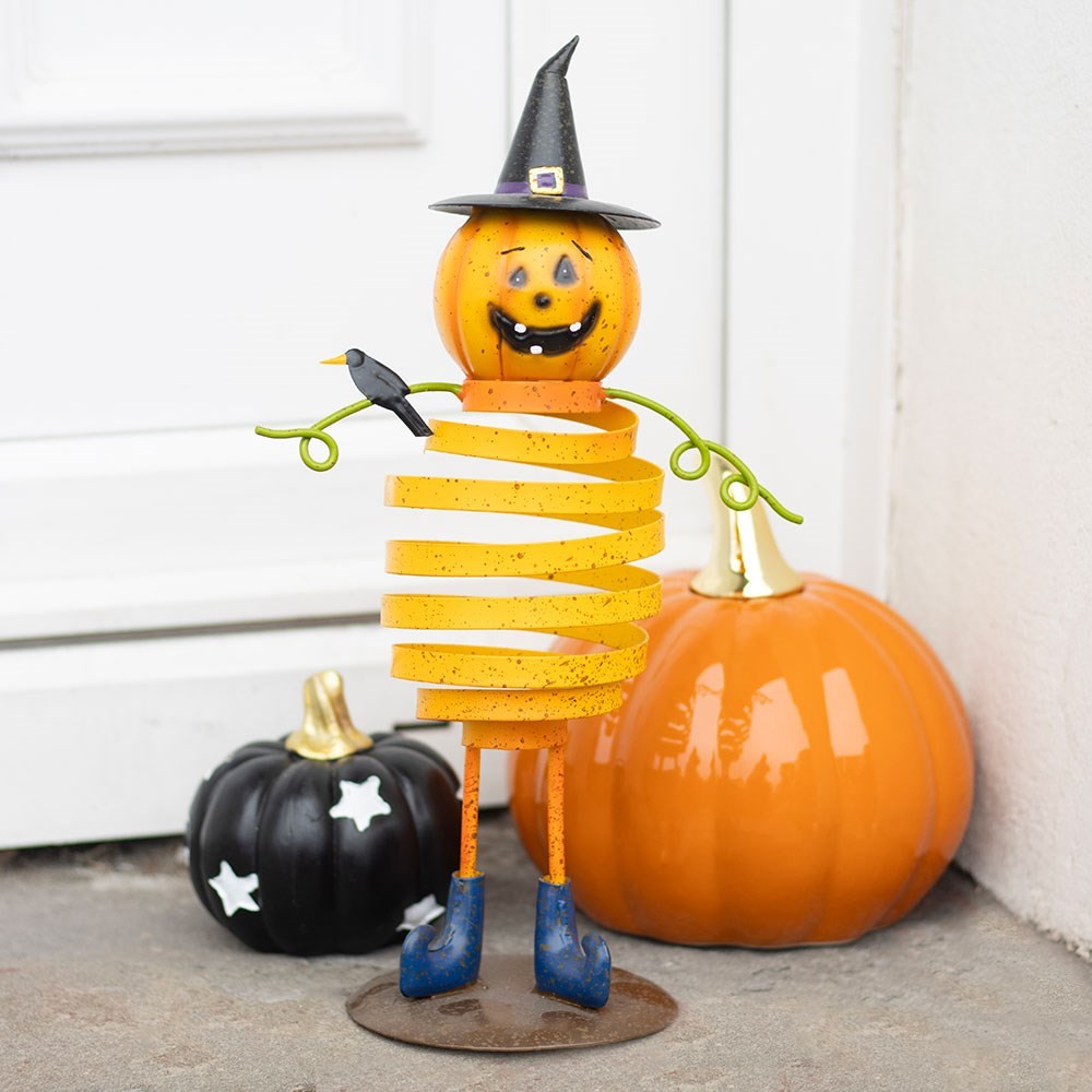 Orange Metal Pumpkin Man Ornament with Spring Body Orange Metal Pumpkin Man Ornament with Spring Body