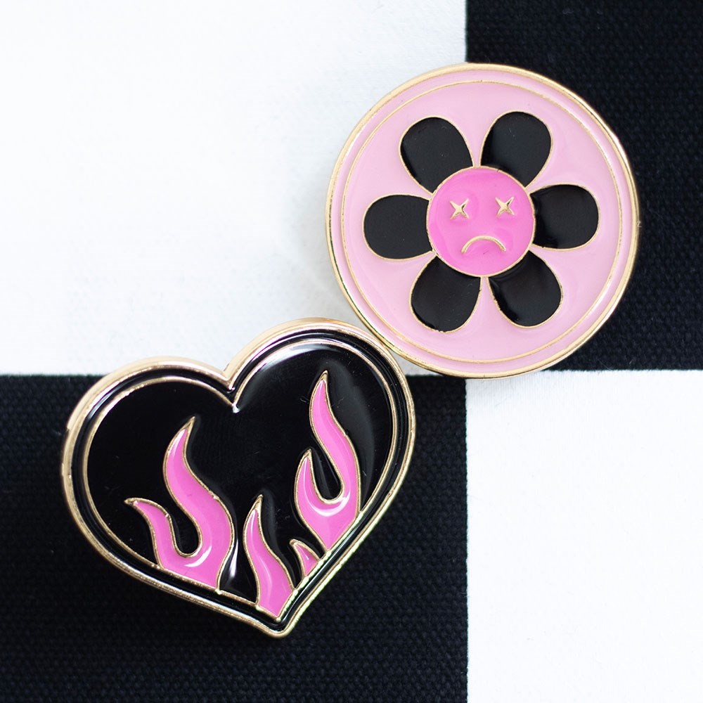 Burning Heart and Sad Flower Pin Badge Set